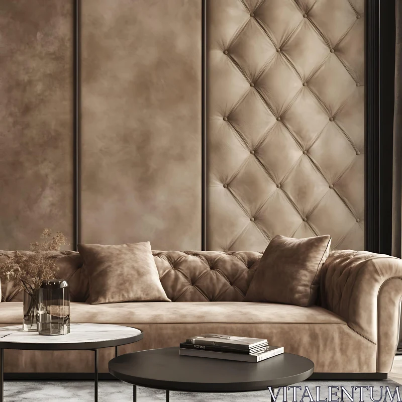 Elegant Living Room Interior Design with Tufted Sofa and Panels AI Image