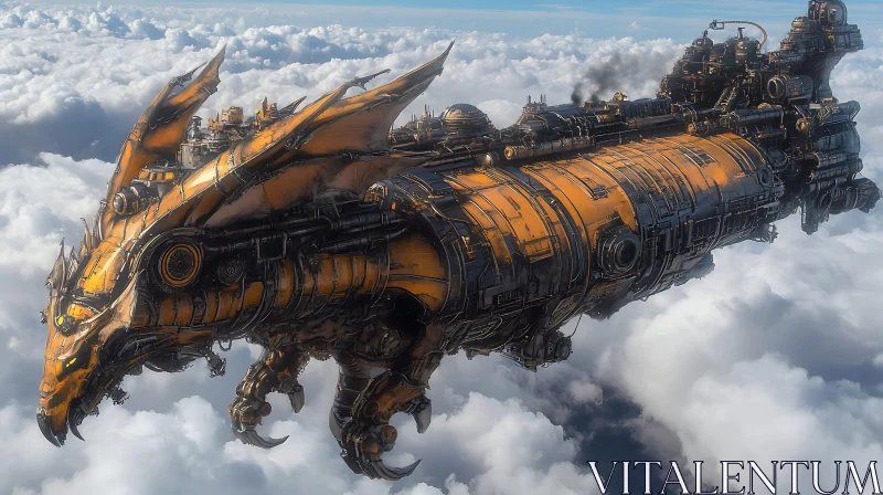 AI ART Mechanical Dragon in Flight Above the Clouds