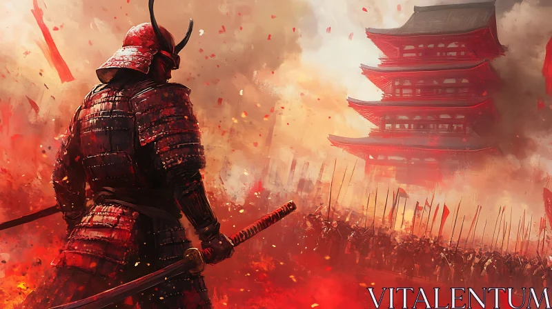 Red Samurai Guarding Ancient Temple AI Image