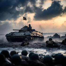 Military Tank Advancing Through Mud