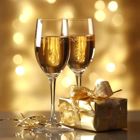 Festive Champagne Toast with Golden Gift