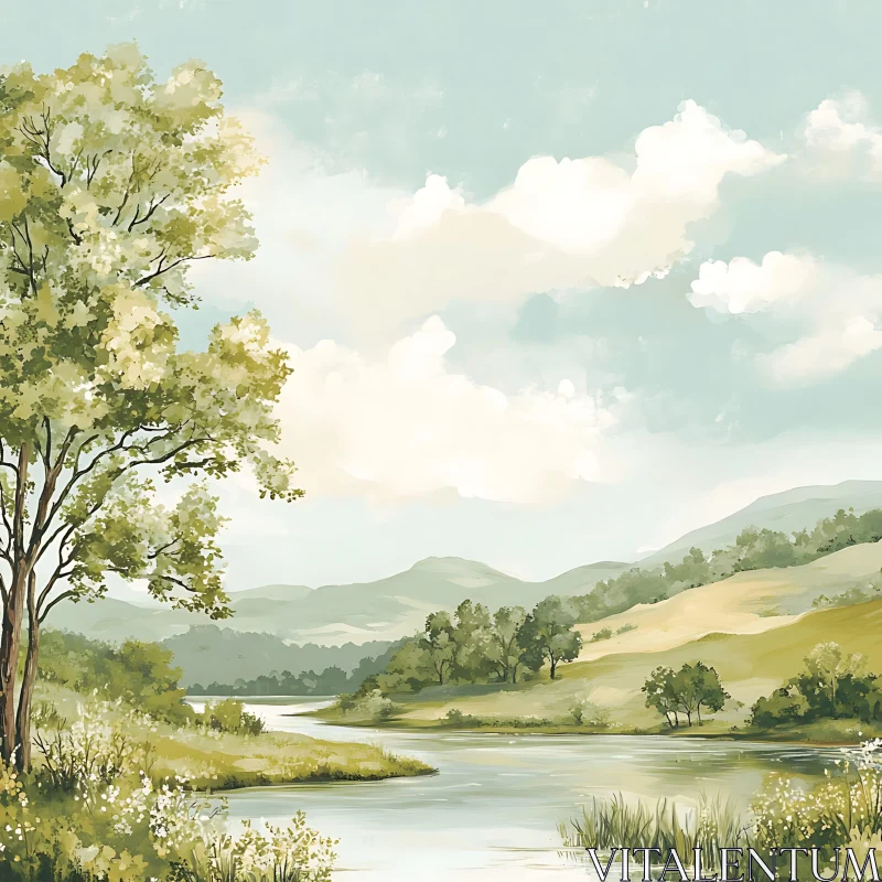 Peaceful Nature Scene with River and Hills AI Image