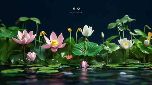 Lotus Flowers in a Calm Pond