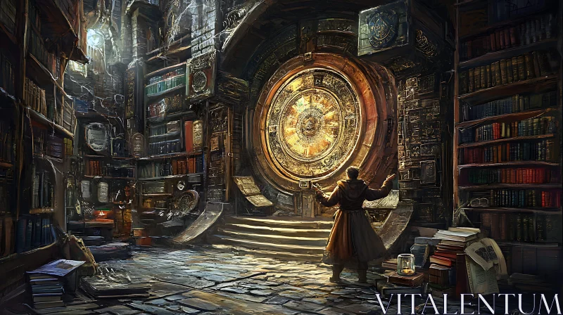 AI ART Mystic Library with a Clock