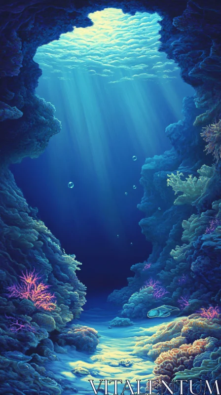 AI ART Underwater Coral Reef in Sunlit Cave