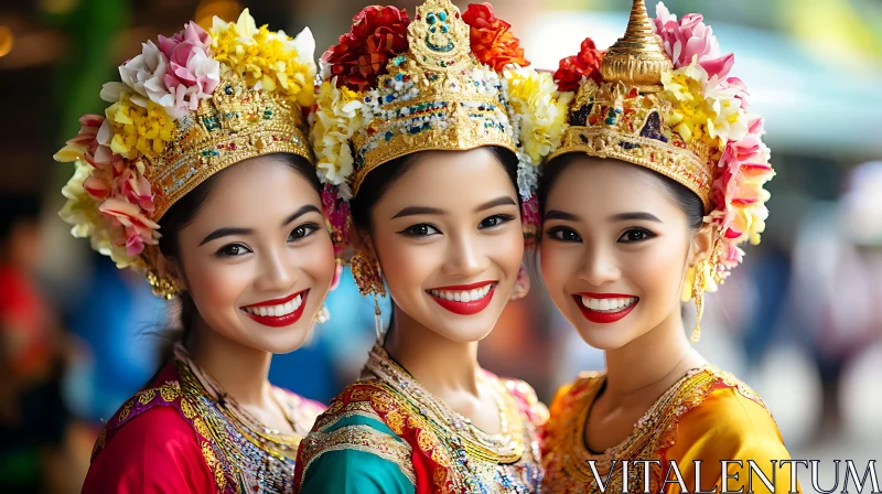 Three Women in Traditional Dress with Flowers AI Image