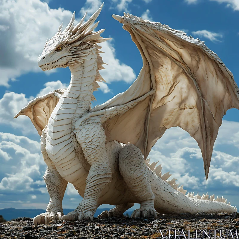 AI ART Albino Dragon Perched on Rocks