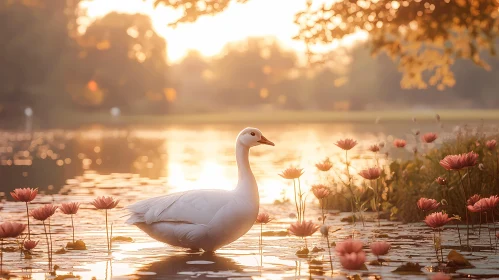 Peaceful Swan and Lotus Flower Scene