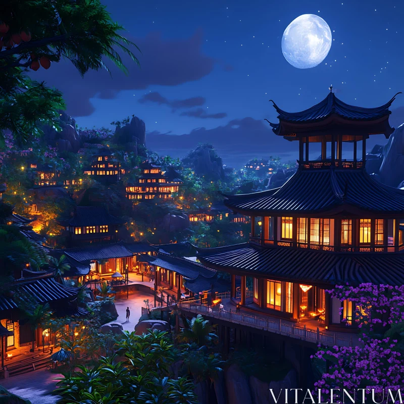 Nighttime Asian Architecture Landscape AI Image