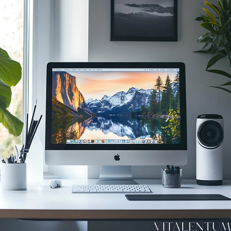 Elegant Office Desk with iMac and Breathtaking Mountain View AI Image