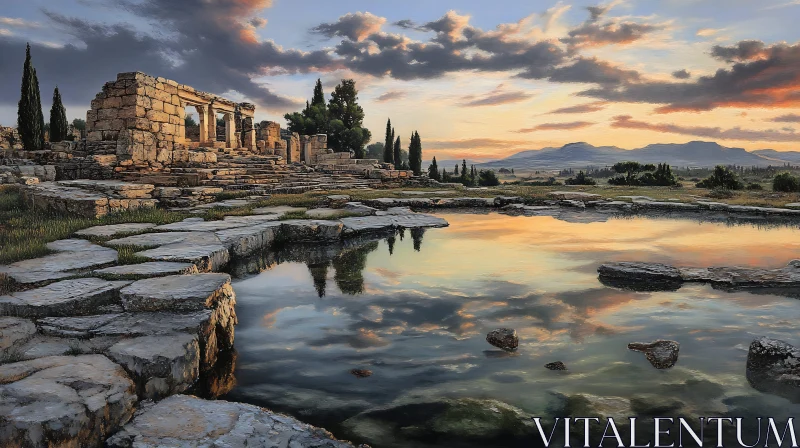 Ancient Ruins and Sunset Reflection AI Image