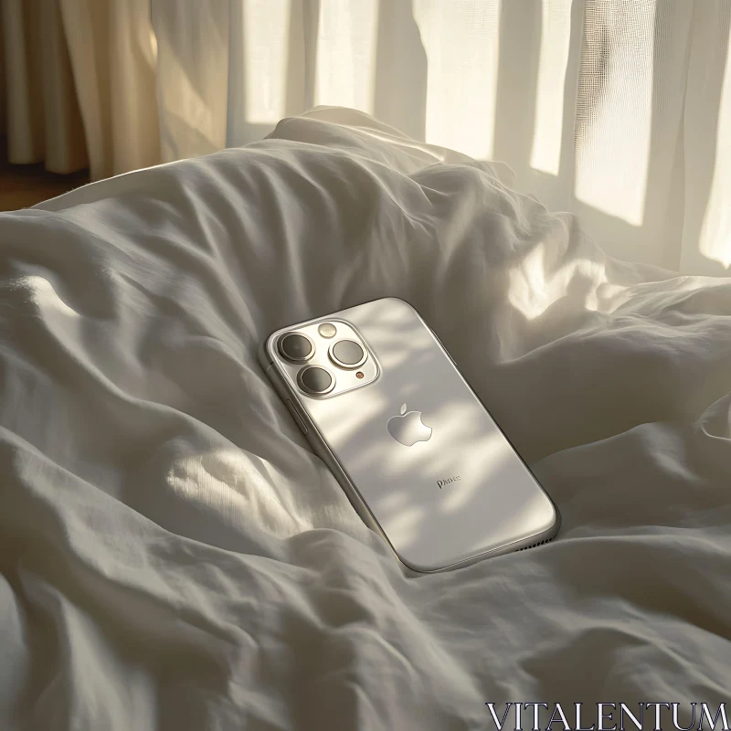 AI ART Sleek Smartphone on a Sunlit Bed