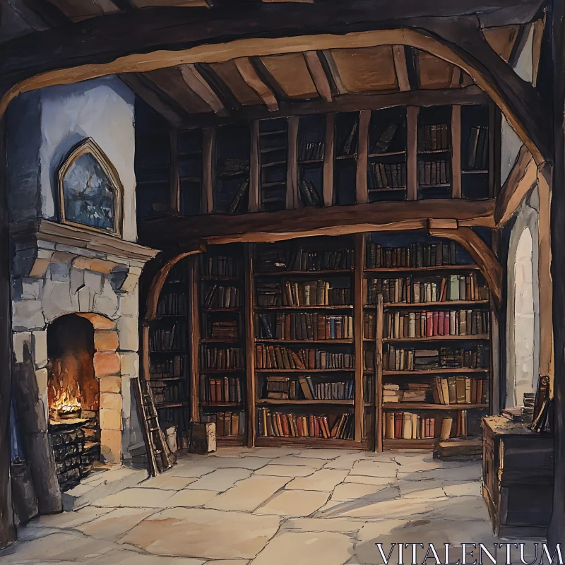 AI ART Cozy Interior: Library with Fireplace