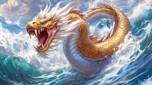 Golden Dragon Rising from the Ocean Waves