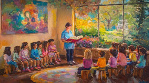 Teacher Reading to Children Art