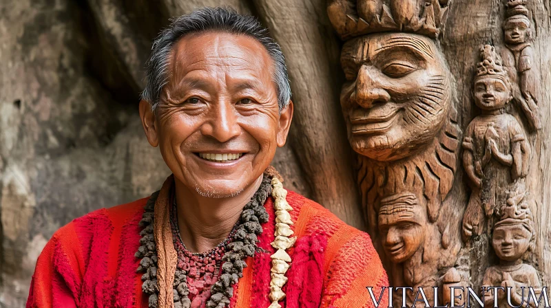 Portrait of a Man with Wood Carvings AI Image