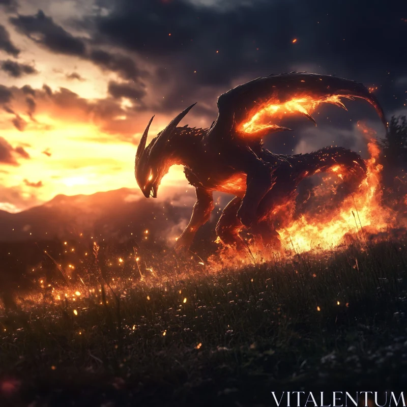 Dragon in Flames Sunset Landscape AI Image