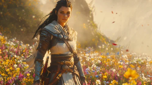 Armored Woman in Floral Meadow