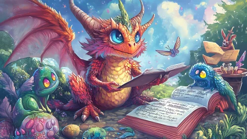 Dragon's Reading Nook: A Fantasy Illustration