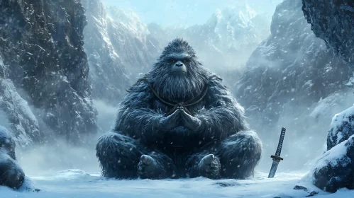 Zen Yeti in Winter Landscape