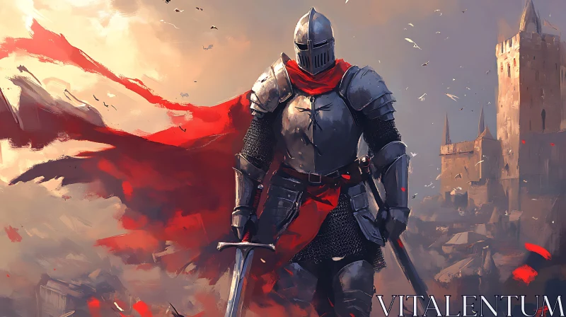 Medieval Knight with Sword and Castle AI Image