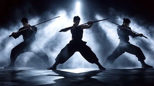 Silhouetted Swordsmen in Combat Stance