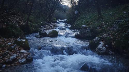 Peaceful Forest River with Cascading Water and Autumn Leaves