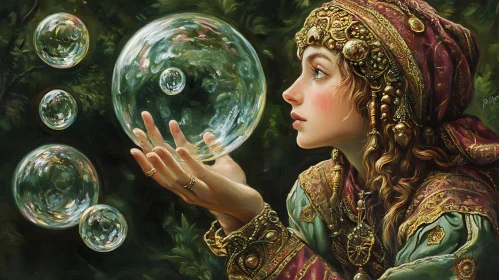 Vintage Woman and Floating Bubbles Art