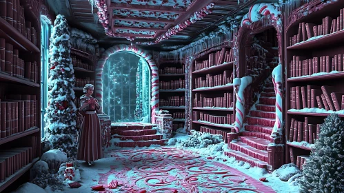 Snowy Library with Gift