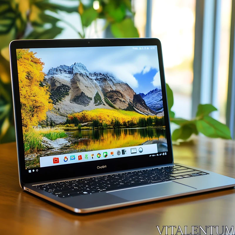 Sleek Laptop Featuring Autumn Mountain Scenery on Screen AI Image