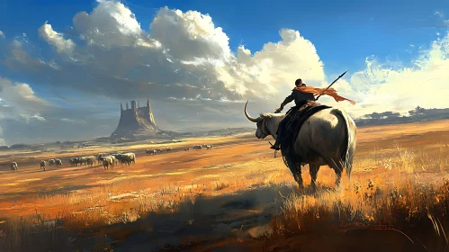 Warrior and Bull in Landscape