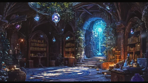 Mystical Library with Glowing Orbs