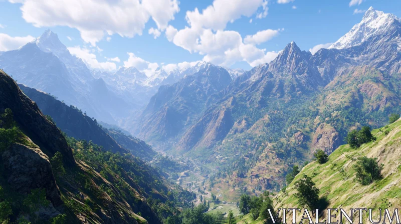 Majestic Mountain Landscape with Verdant Valley AI Image