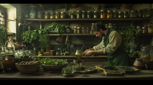 Vintage Herbalist Preparing Herbs