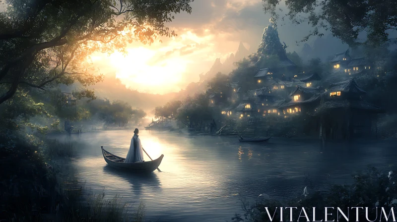AI ART Sunrise Serenity on River Village
