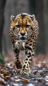 Cheetah Prowling through Fallen Leaves