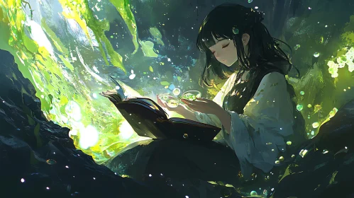 Anime Girl Reading Book with Magic