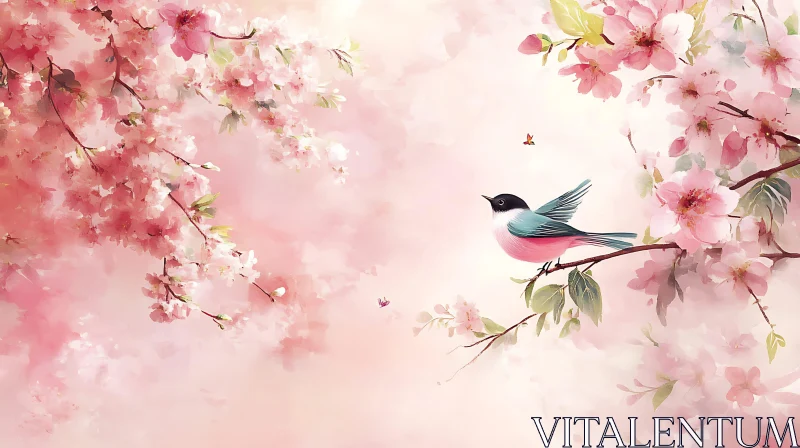 Spring Bird with Pink Flowers AI Image