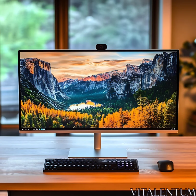 Workspace with Beautiful Nature Background on Desktop AI Image