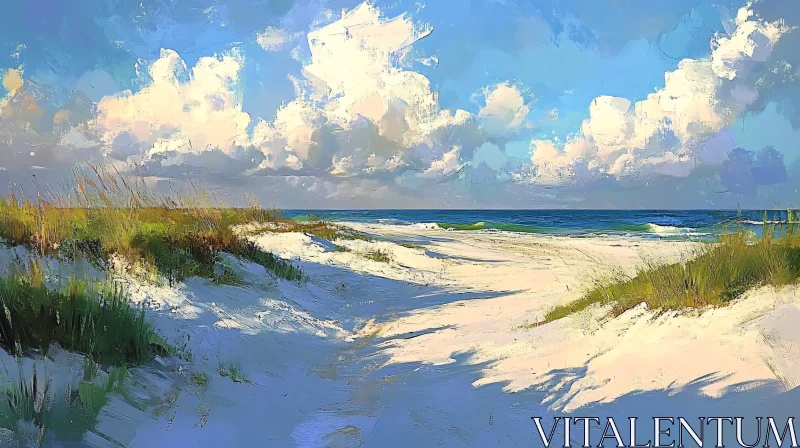 AI ART Calm Beach Painting with Grass and Clouds