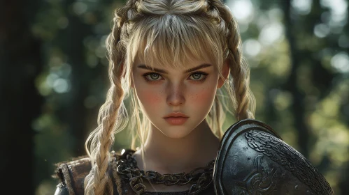 Blonde Braided Warrior in Green Forest