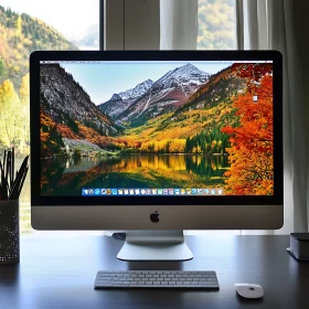 Workspace with Scenic Mountain and Lake View