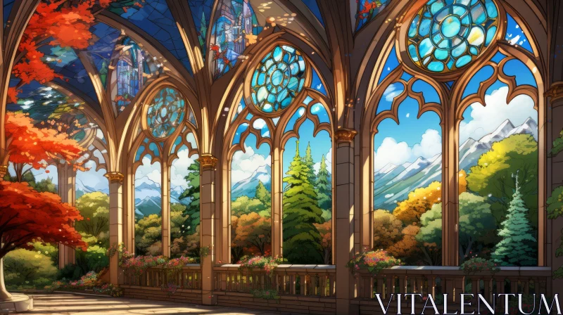 Anime Scenery - Gothic Architecture Amidst Nature AI Image