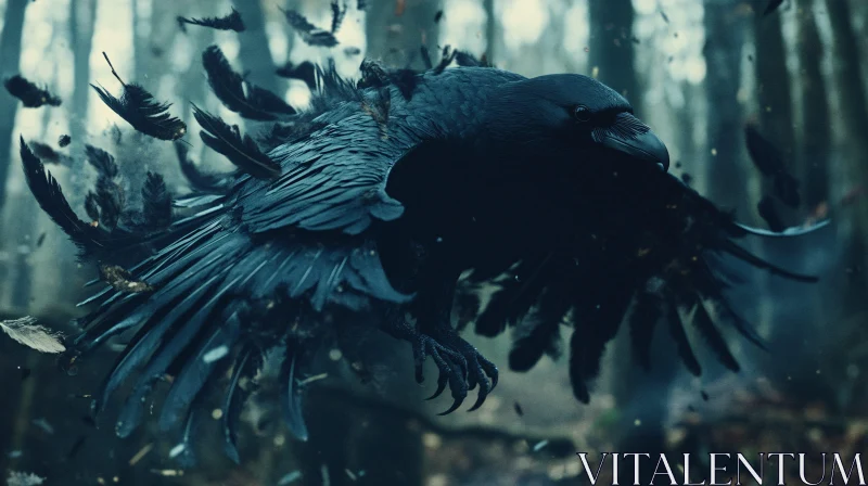 Black Raven Flying in Woods AI Image