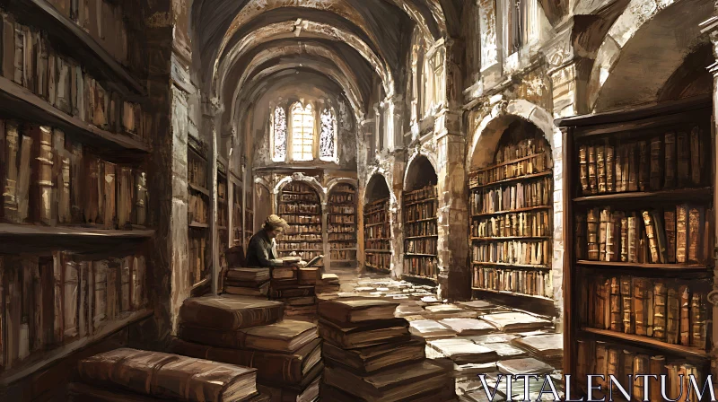 AI ART Old Library Interior with Book Stacks