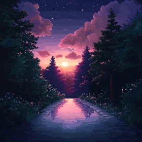 Pixelated Sunset Forest Path