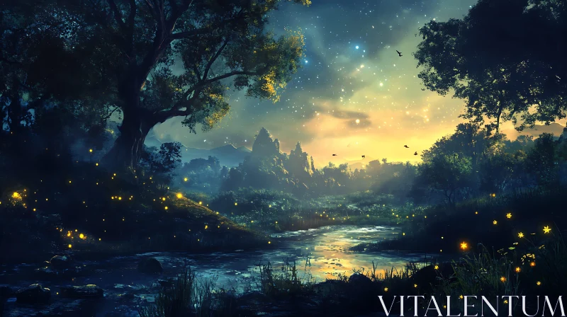 AI ART Mystical River Landscape with Fireflies