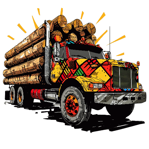 Cartoon Style Logging Truck Illustration in Red and Yellow POD Design