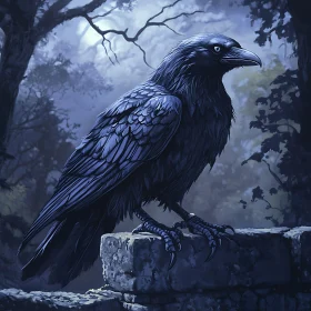 Night Raven on Stone Wall