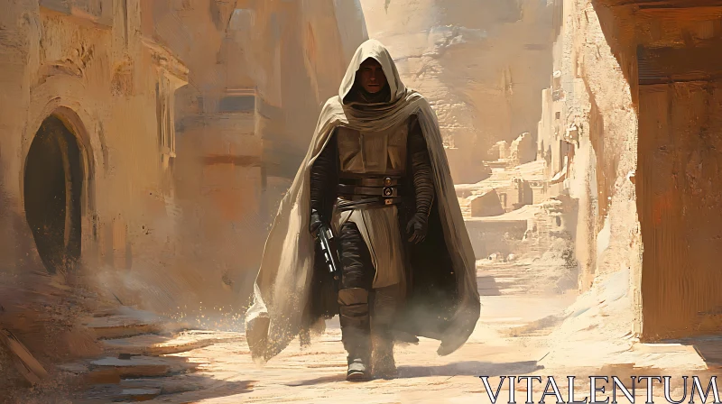 Hooded Figure in Desert Town AI Image